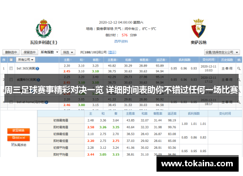 周三足球赛事精彩对决一览 详细时间表助你不错过任何一场比赛